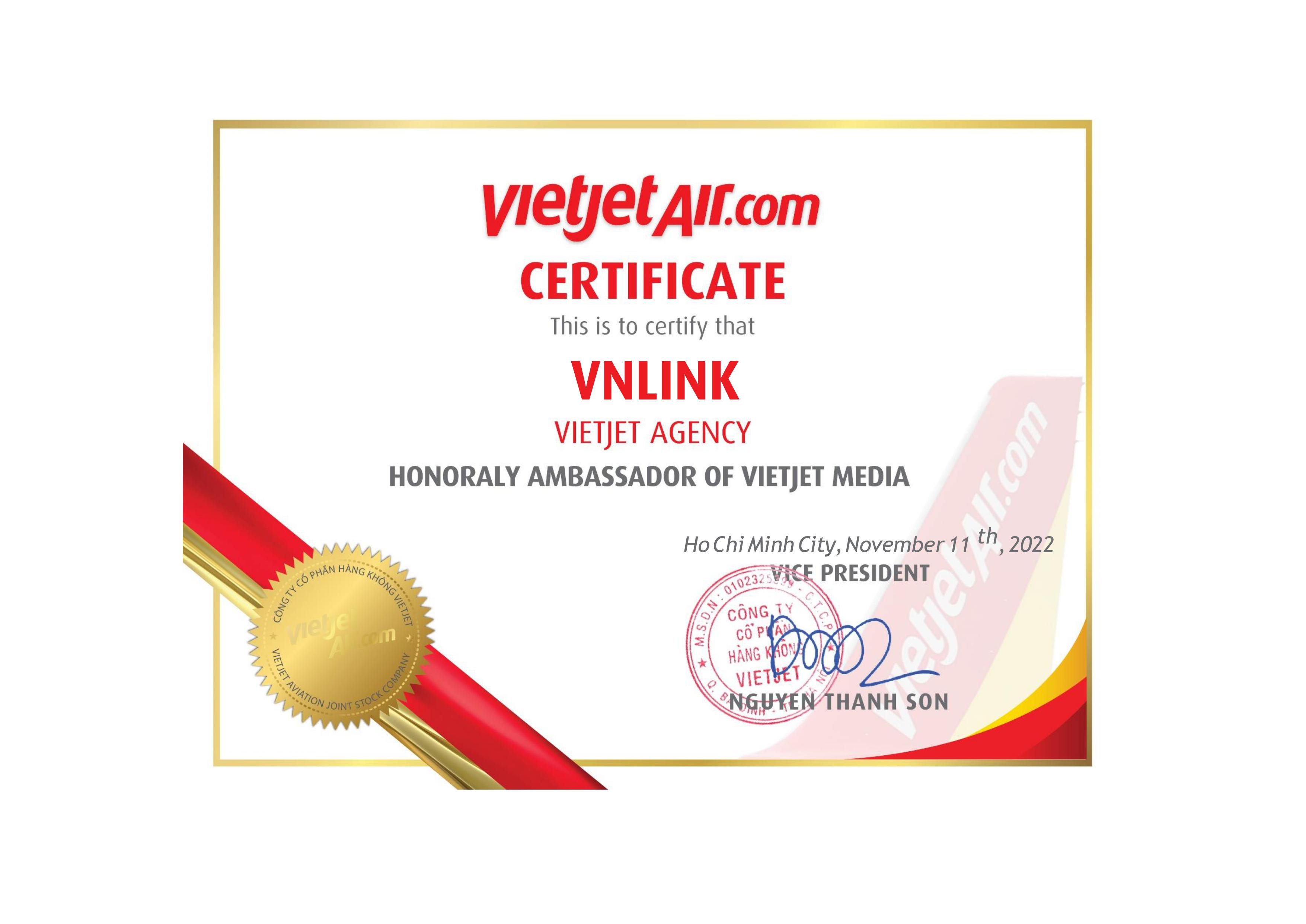 TravelLink tự hào nhận giấy chứng nhận Đại sứ truyền thông của Vietjet.